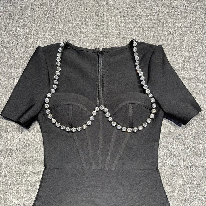 Black Color Women Sexy Sqaure Collar Short Sleeve Bodycon Bandage Mid-calf Dress Celebrate Evening Party Cocktail Dress