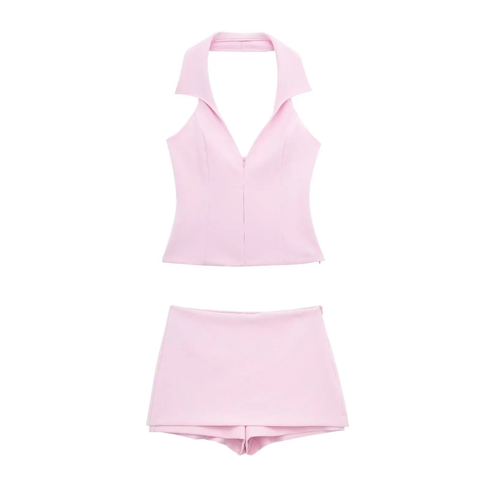 TRAF Summer Women Pink Shorts 2 Pieces Set High Waist Mini Skirts Shorts Sexy V-Neck Sleeveless Backless Suspender Zipper Top Pink Suit
