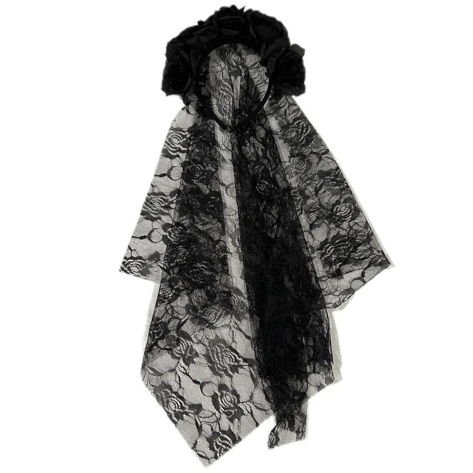 1PCS Black Veil Halloween Rose Flower Headband Costume Cosplay Wedding Mexican Rose Flower Crown Headband Day of The Dead Party