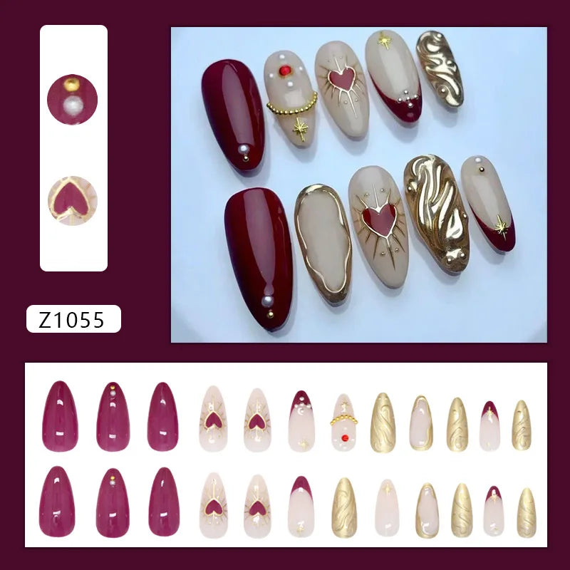 24pcs Sweet Cool False Nails Purple Love Almond Fake Nails Tips for Women Wearable Detachable Spice Girl French Press on Nails