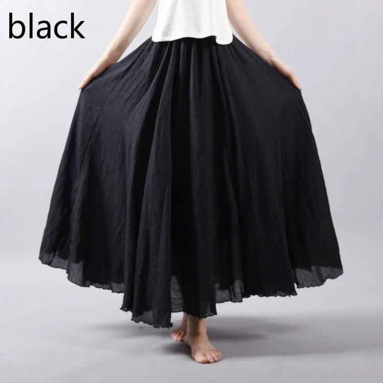 14 Colors Linen Maxi Skirt Pleated Vintage Boho Maxi Long Casual Cotton Beach Skirt Empire A-Line Linen Skirt Ladies Clothing black One Size