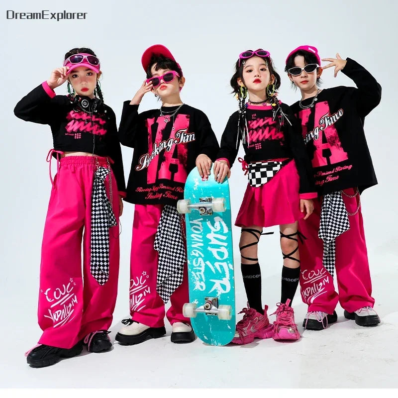 Girls Hip Hop Crop Top Street Dance Skirts Boys Cool Sweatshirt Pink Cargo Pants Child Streetwear Kids Jazz Costumes Clothes Set
