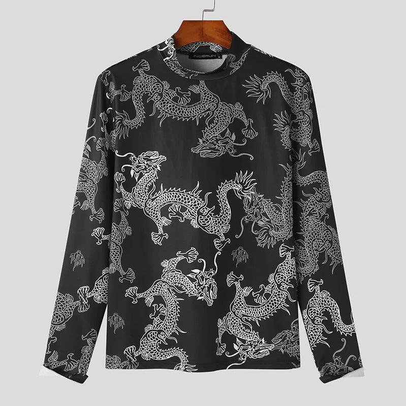 American Style Fashion Men Retro Dragon Totem Pattern T-shirts Casual Personalized Long Sleeved Camiseta S-5XL Black