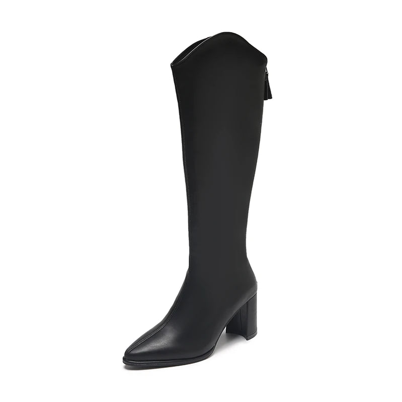 Plus Size 34-43 Women Boots Zipper Thick High Heels Simple Thick High Heels Autumn Winter Boots Knee High Botas black