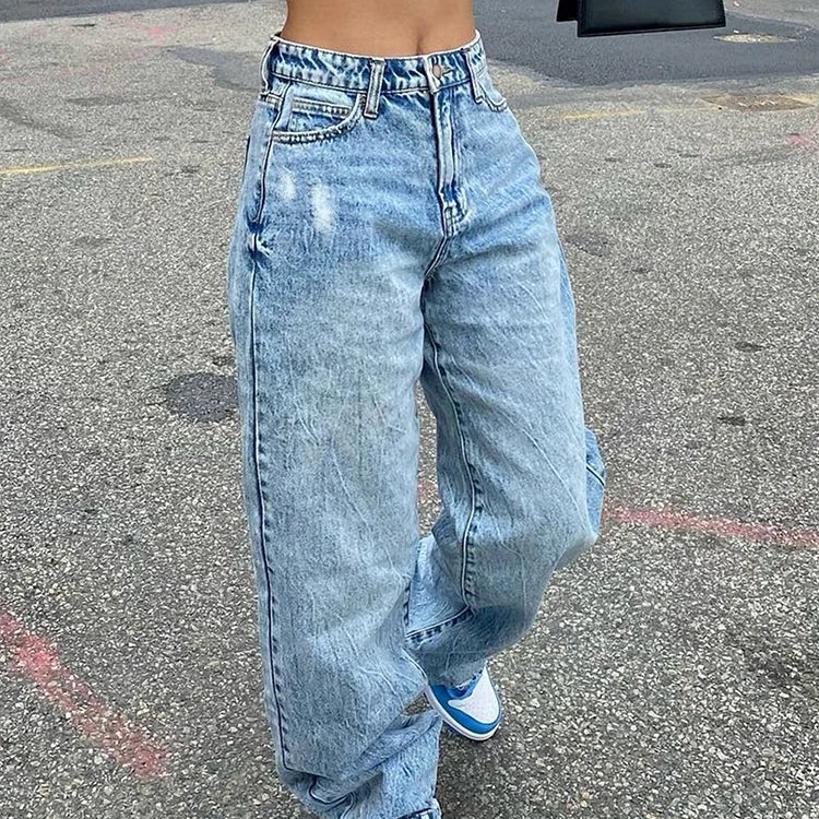 High Waist Jeans Women Baggy Jeans Fashion Straight Leg Pants Y2k Denim Trousers Vintage Loose Blue Washed Mom Jeans