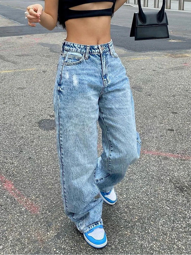 High Waist Jeans Women Baggy Jeans Fashion Straight Leg Pants Y2k Denim Trousers Vintage Loose Blue Washed Mom Jeans