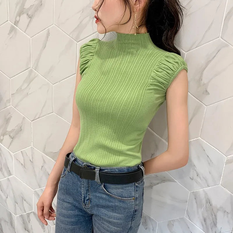 Women Tops Half High Collar Vest Solid Casual Female Sleeveless Knitted Summer Half Turtleneck Knitted Sleeveless T-Shirt G