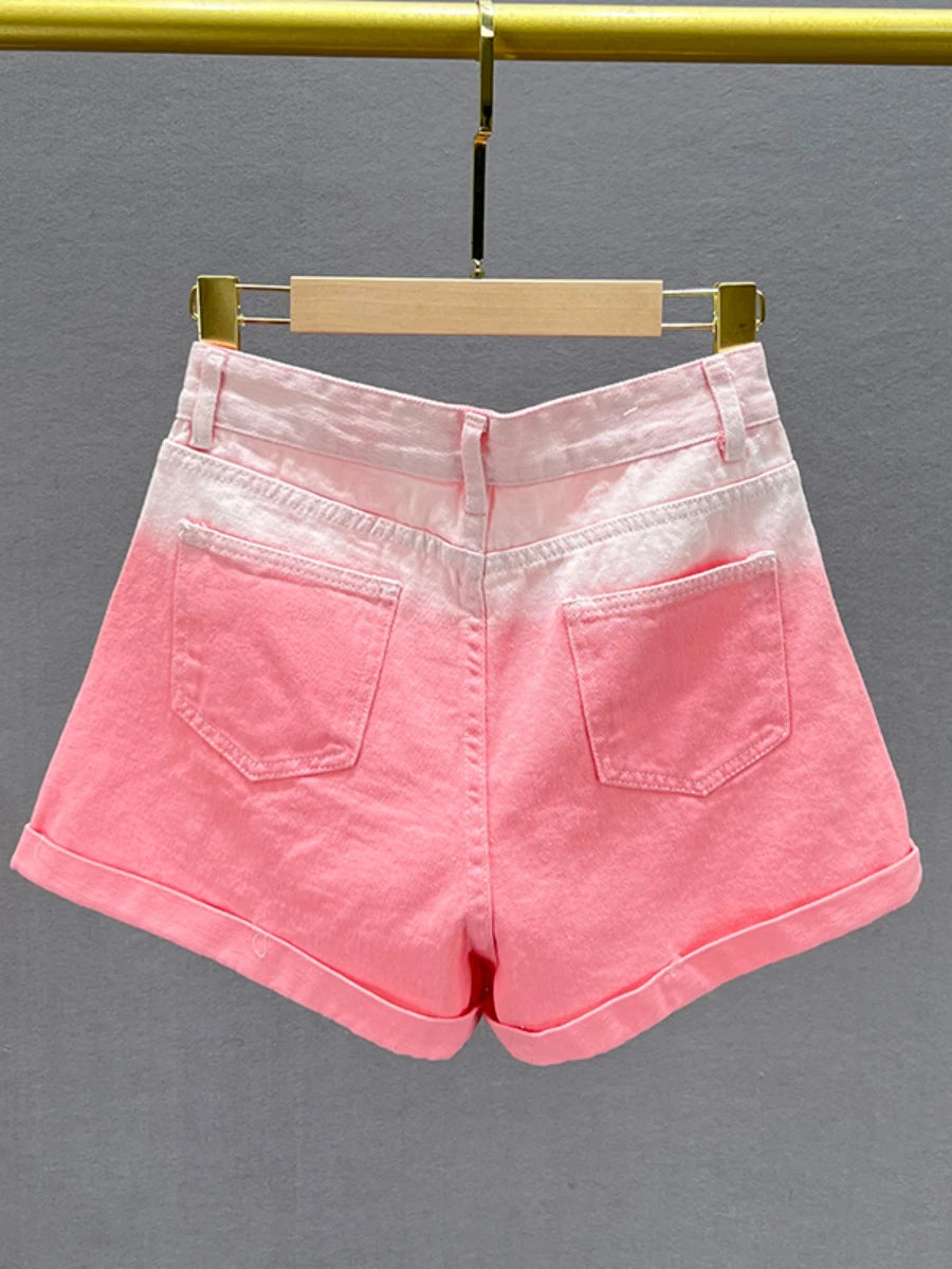 Sweet Gradient Color Exquisite Rhinestone Denim Shorts Women Summer High Waist Slimming Wide Leg Shorts Jeans Hot Pants