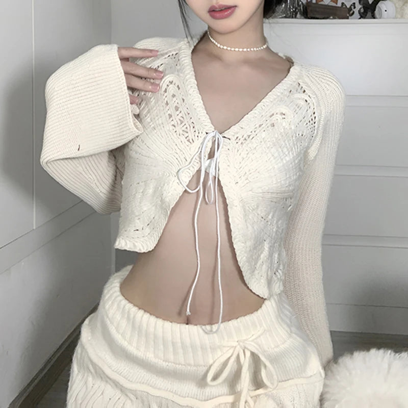 White Butterfly Shaped Sweater Cardigan Sexy Split Lace-up Knitwears Solid Elegant Autumn Clothing y2k Aesthetic Outfits