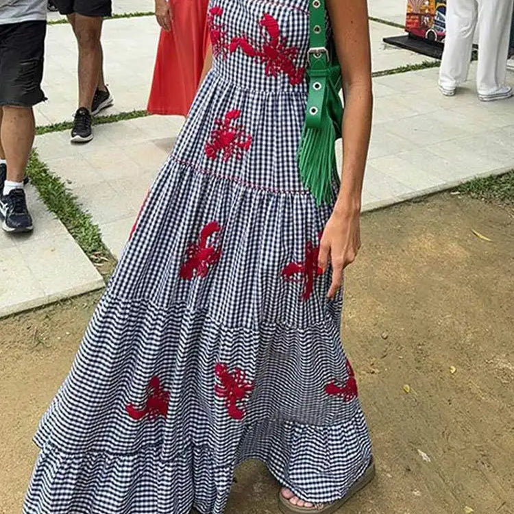 Vintage Embroidery Sleeveless Maxi Dress Women Summer Plaid Print Casual Beach Vacation Party Dresses Fashion Female Vestidos