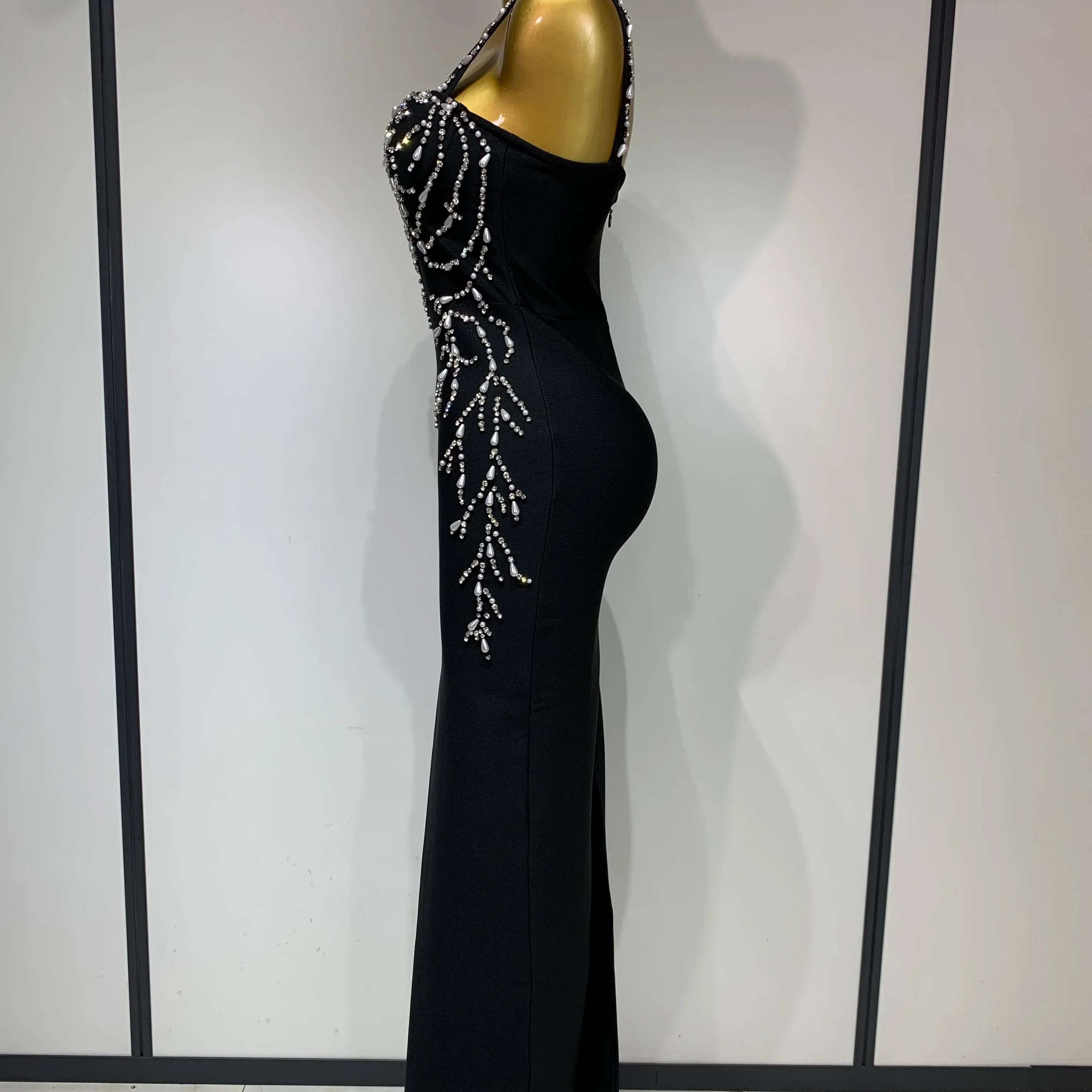 Women Sexy V Neck Black Beading Maxi Long Bodycon Bandage Dress  Celebrity Elegant Evening Club Party Luxury Birthday Dress