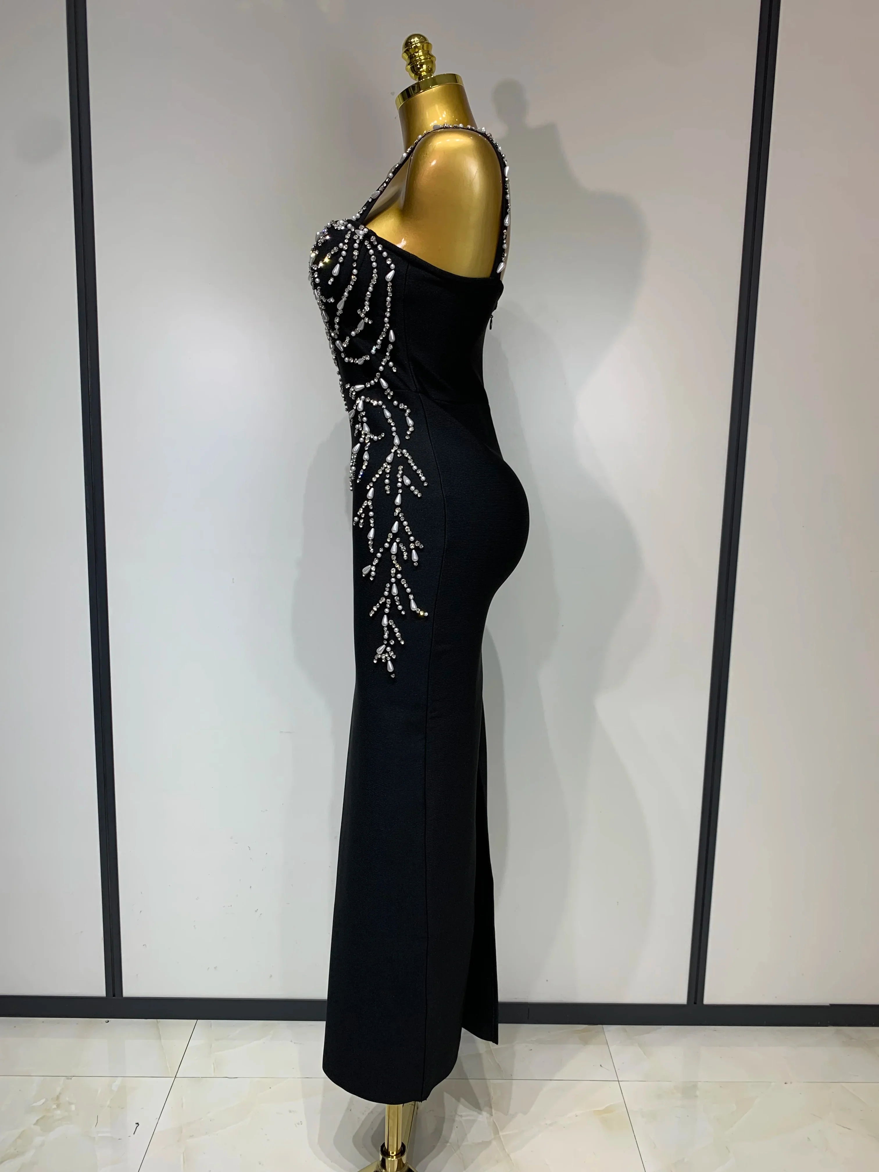 Women Sexy V Neck Black Beading Maxi Long Bodycon Bandage Dress  Celebrity Elegant Evening Club Party Luxury Birthday Dress