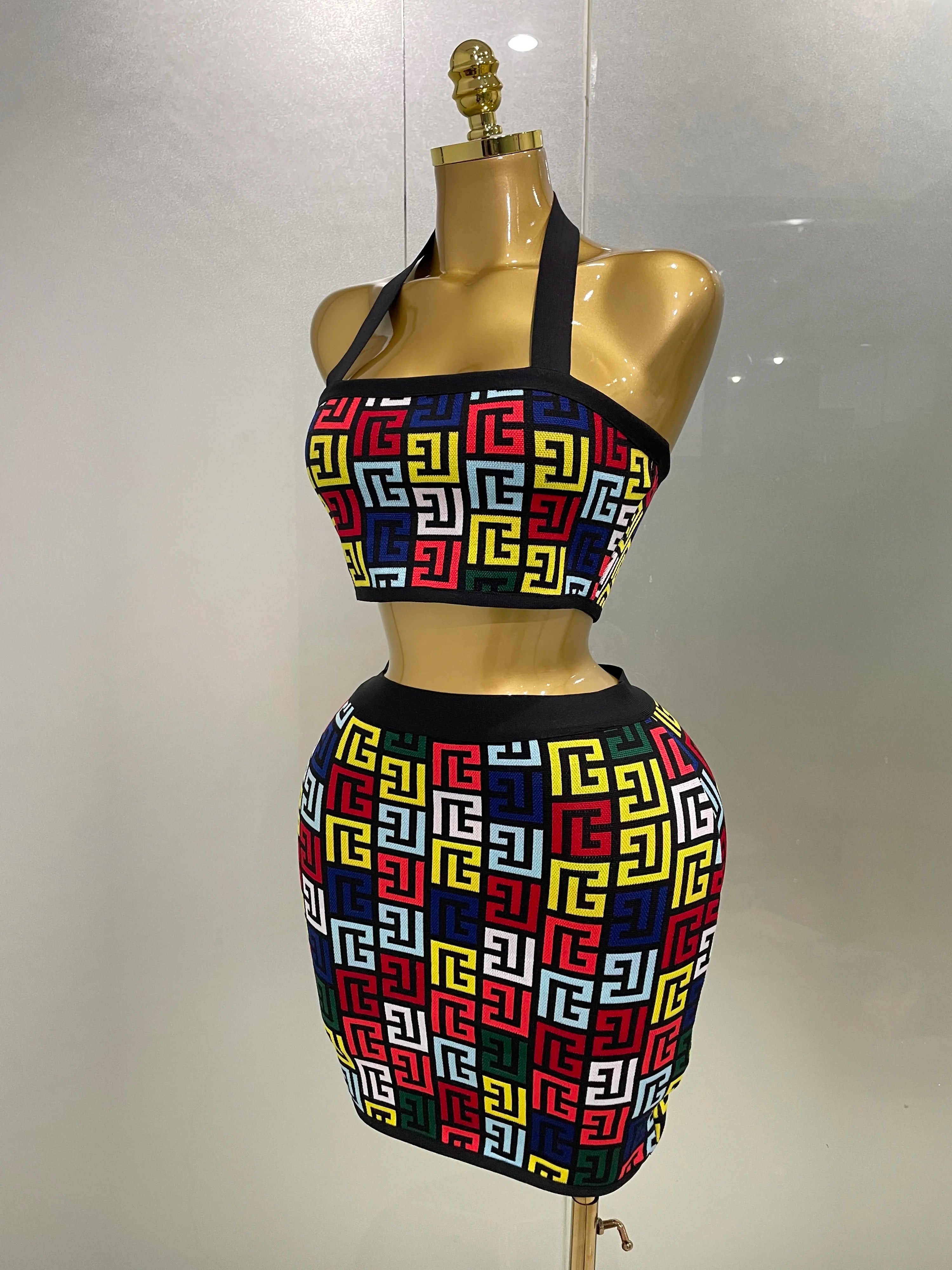 Women 2025 New Sexy Backless Halter Jacquard Two Piece Mini Skirt Bandage Set Celebrity Designer Evening Party Women's Set