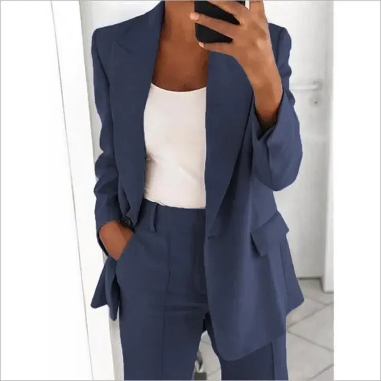 S-5XL Women's Blazer Casual Long-sleeved Top Solid Color Suit Collar Button Simple Temperament Commuter Plus Size Blazer Dark blue TOP