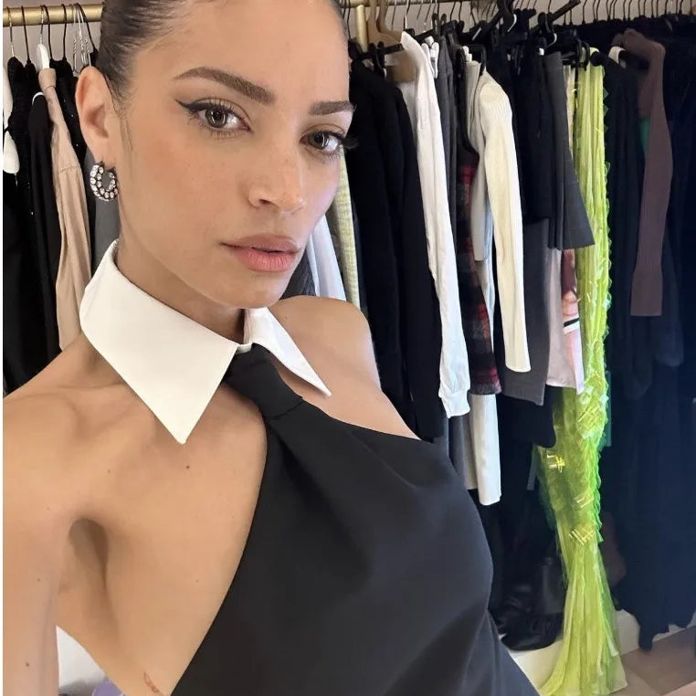 2023 New summer Fashion Design Turn Down Collar Sleeveless Black Mini Dress  Woman Rayon Bandage Dress Evening Party Outfit