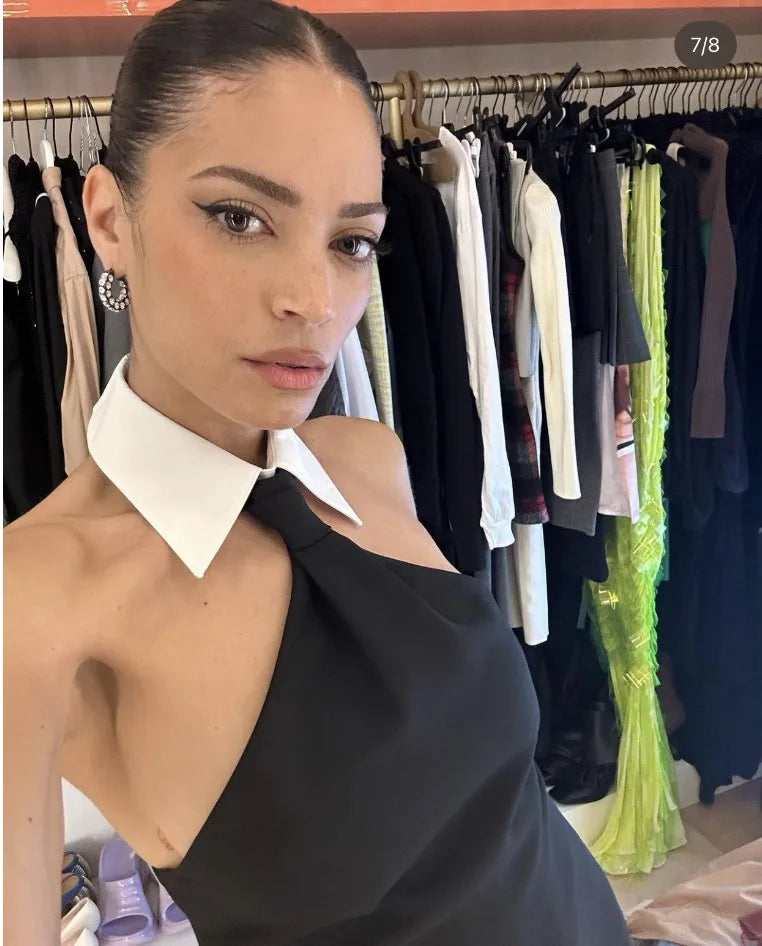 2023 New summer Fashion Design Turn Down Collar Sleeveless Black Mini Dress  Woman Rayon Bandage Dress Evening Party Outfit