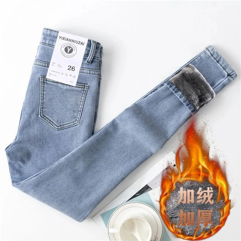 Skinny Velvet Lined Pencil Jeans High Waist Thicken Warm Denim Pants Winter Women Stretch Pantalones Skinny Casual Vaqueros New A