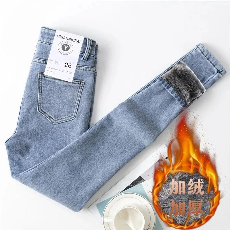 Skinny Velvet Lined Pencil Jeans High Waist Thicken Warm Denim Pants Winter Women Stretch Pantalones Skinny Casual Vaqueros New A