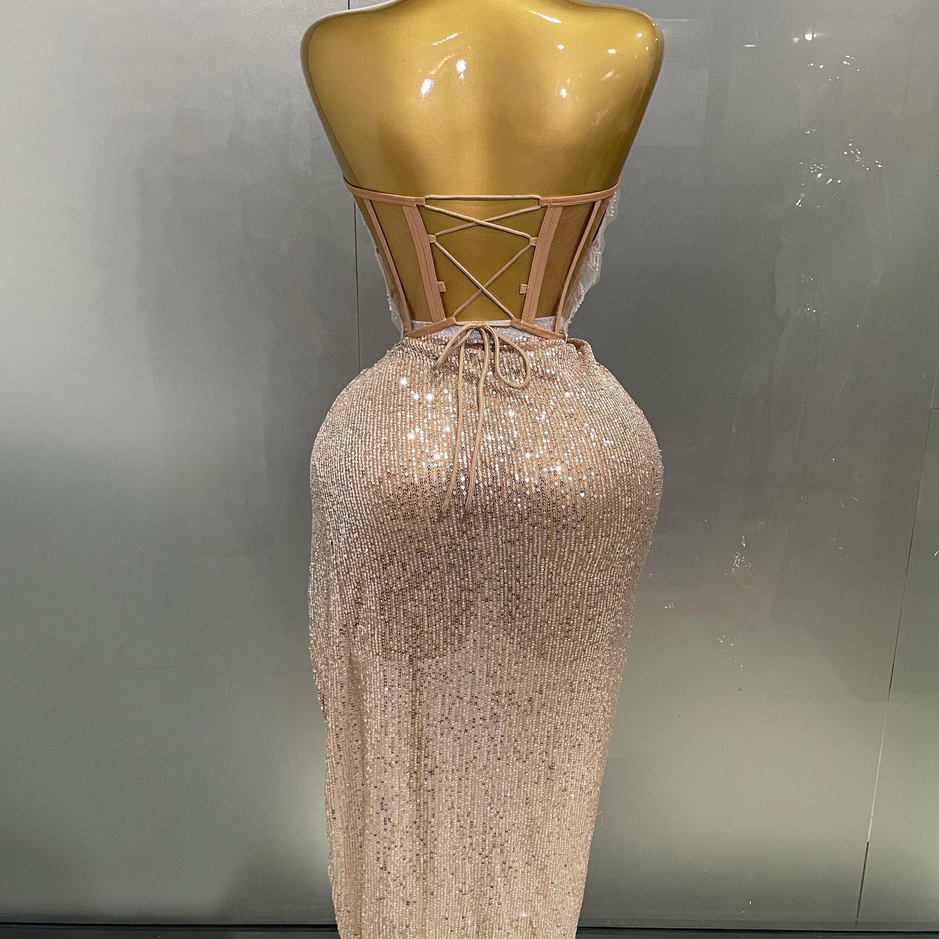 2025New Women Sparkle Rhinestone Sequins Two Pieces Evening Party Dress Celebrate Festival Dancer Bar Nightclub Ds Dj Stage Wear