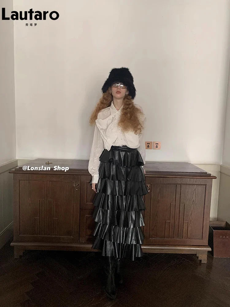 Spring Autumn Black Pu Leather Midi Tiered Skirt Women with Elastic High Waist Long Elegant Luxury Designer Clothes 2023