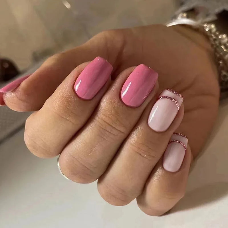 24Pcs Spring Colorful French Fake Nail with Designs Short Square Head Press on False Nails Wearable Simple Jelly Sticks on Nails