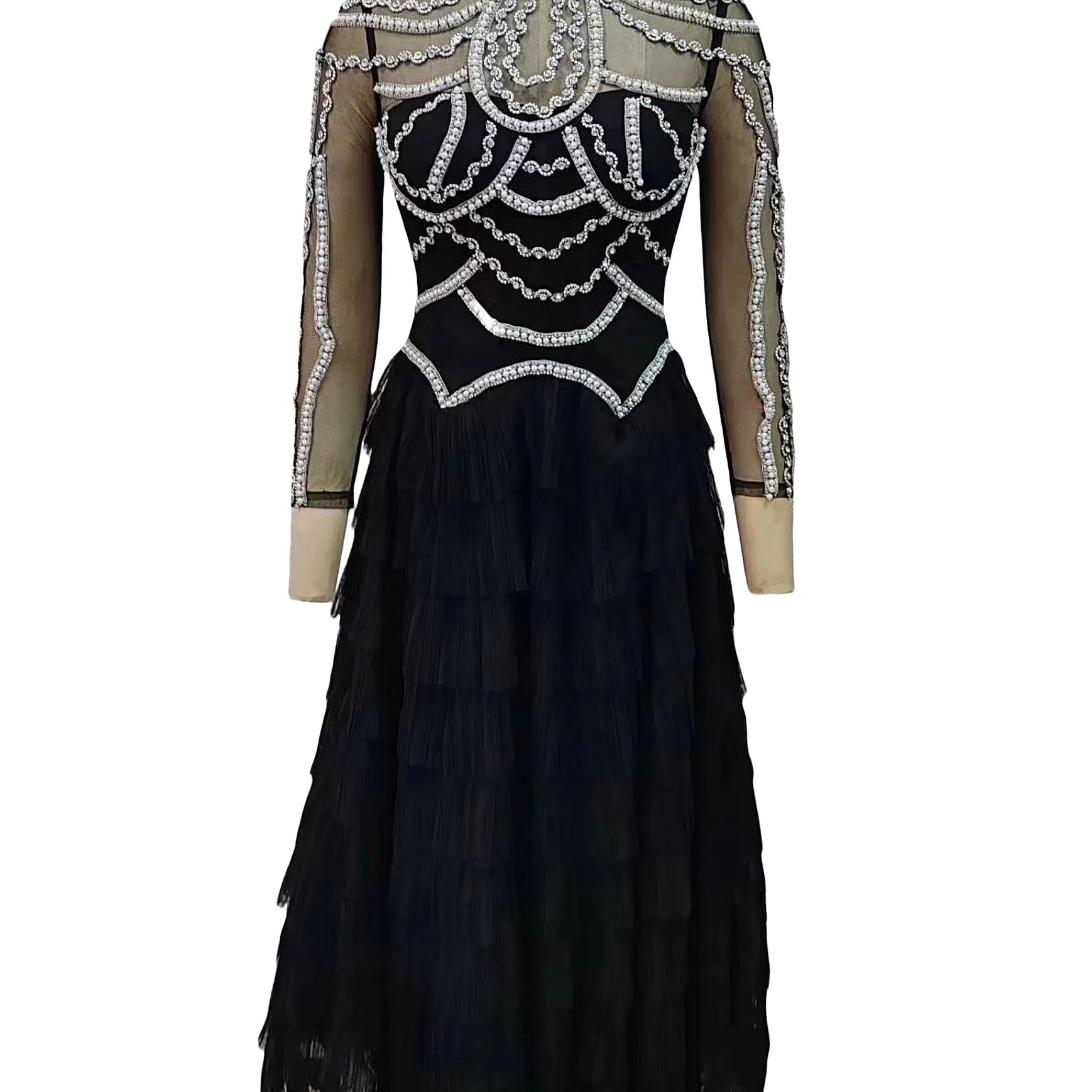 Shining Diamonds Pearl Beading Sexy See Through Mesh Ball Gown Dress Woman Birthday Party Vestido Celebrity Party Outfit