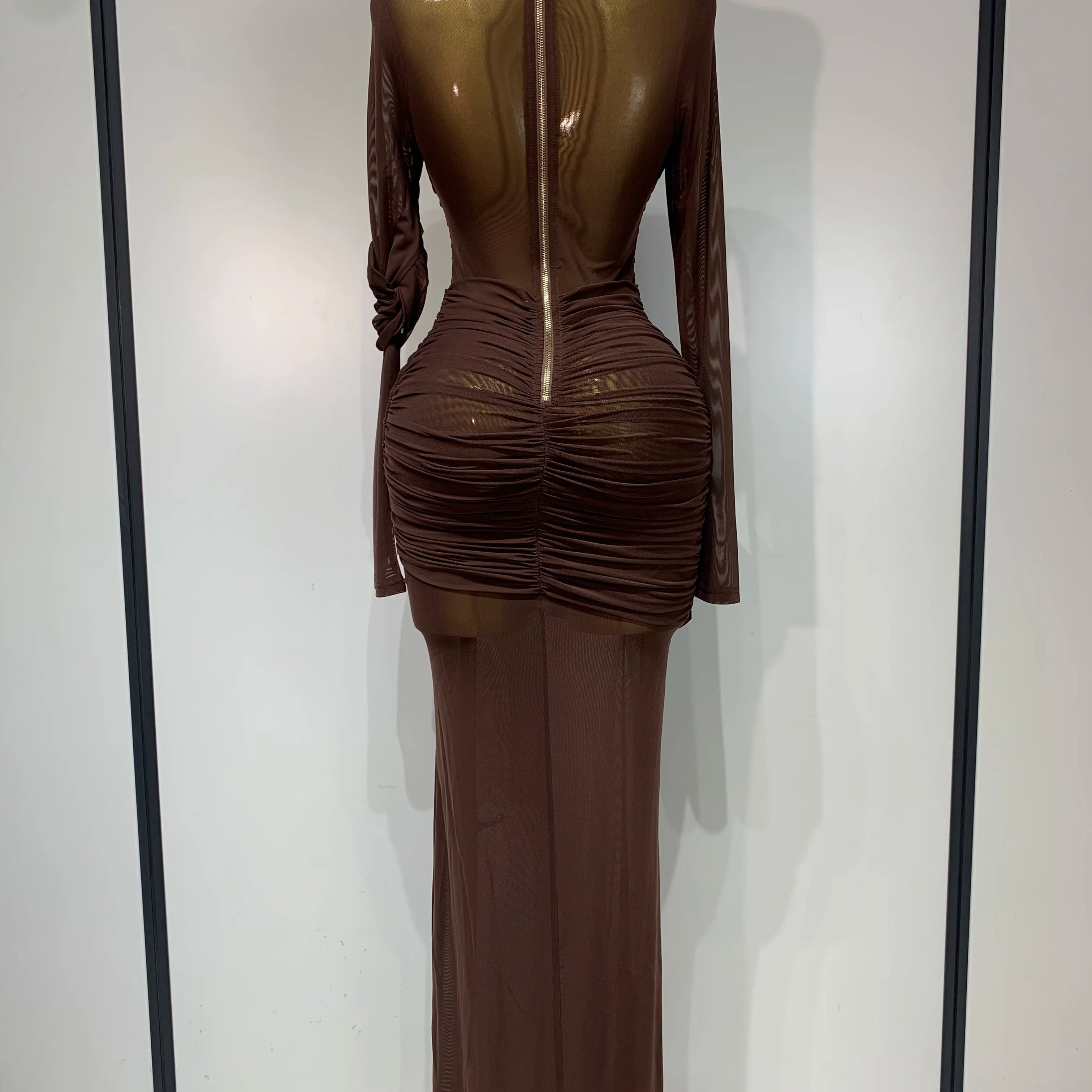 Elegant Brown Mesh Fold Long Sleeve Bodycon Dress Women 2025 Evening Party Club Sexy Perspective Fashion Luxury Birthday Dresses