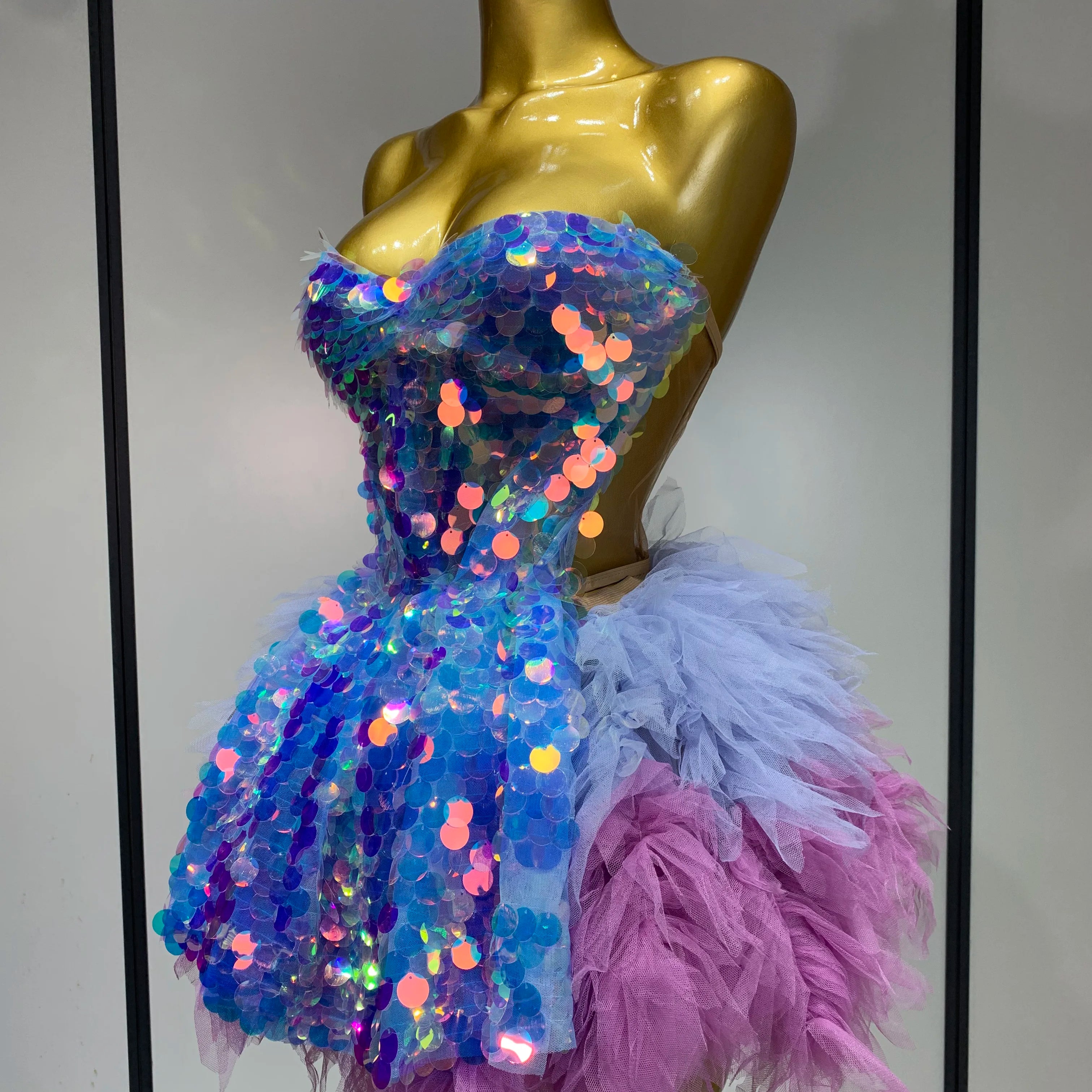 Sparkly Sequins Ruffles Two Pieces Set Sexy Backless Top Skirt Set Nightclub Performance Dance Dress Singer Stage Outfit