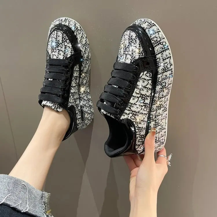 Fashion Sneakers Casual Flat Shoes Luxury Rhinestone Decorated Leather Upper Heightening Platform Womens Shoes