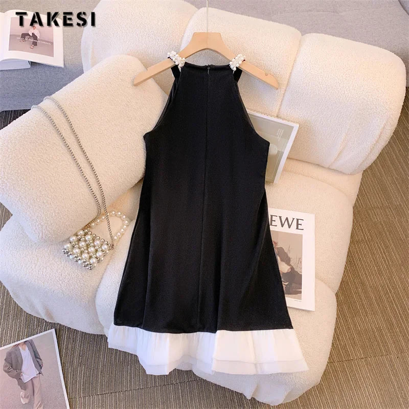 Women Sexy Casual Sleeveless Round Neck Patchwork Dresses Summer Luxury Loose Fit High Waist Dot Print Camisole Dress