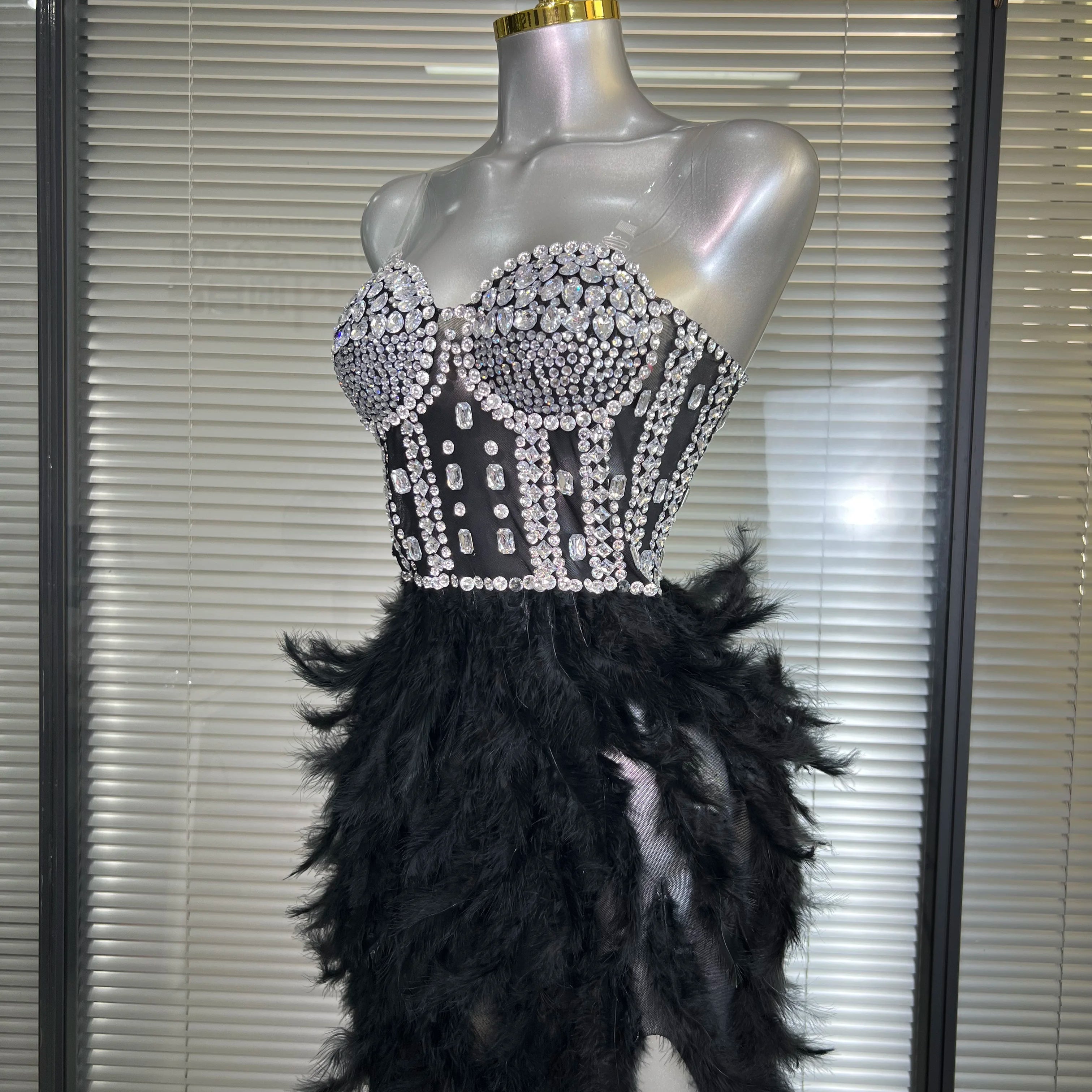 New Women Sexy Mesh Stretched Split Feathers Performance Costume Stage Black Nude High Stretchy Night Club Party Maxi Dress