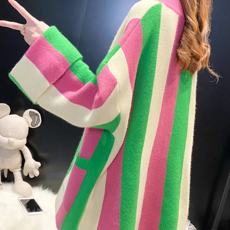 Cardigan Women 2024 Autumn Winter Loose Sweater Coat Stripe Color Matching Knitted Cardigan Long Sleeve Tops Women's Clothing