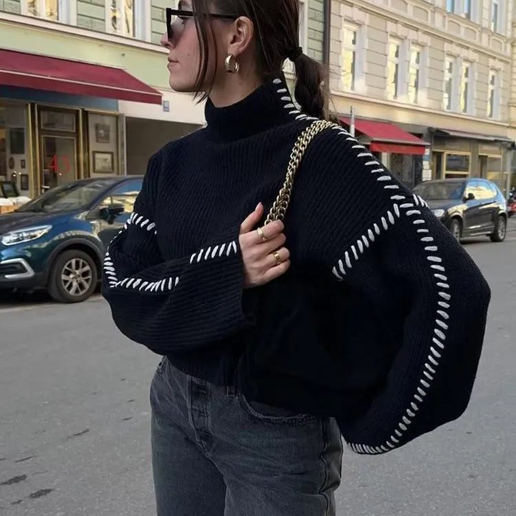 TRAFZA Women Fashion Black Spliced Cable Stitch Turtleneck Oversize Pullover Female Casual Long Sleeve Loose Sweater Vintage Top