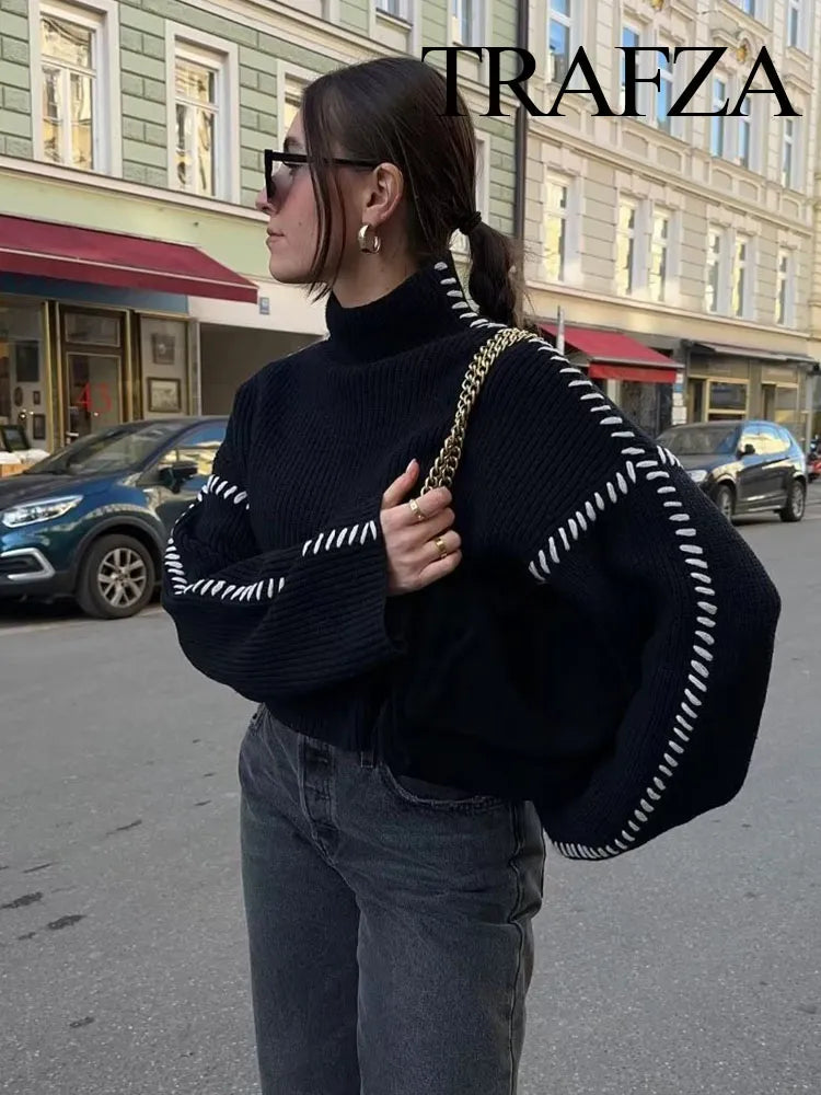 TRAFZA Women Fashion Black Spliced Cable Stitch Turtleneck Oversize Pullover Female Casual Long Sleeve Loose Sweater Vintage Top