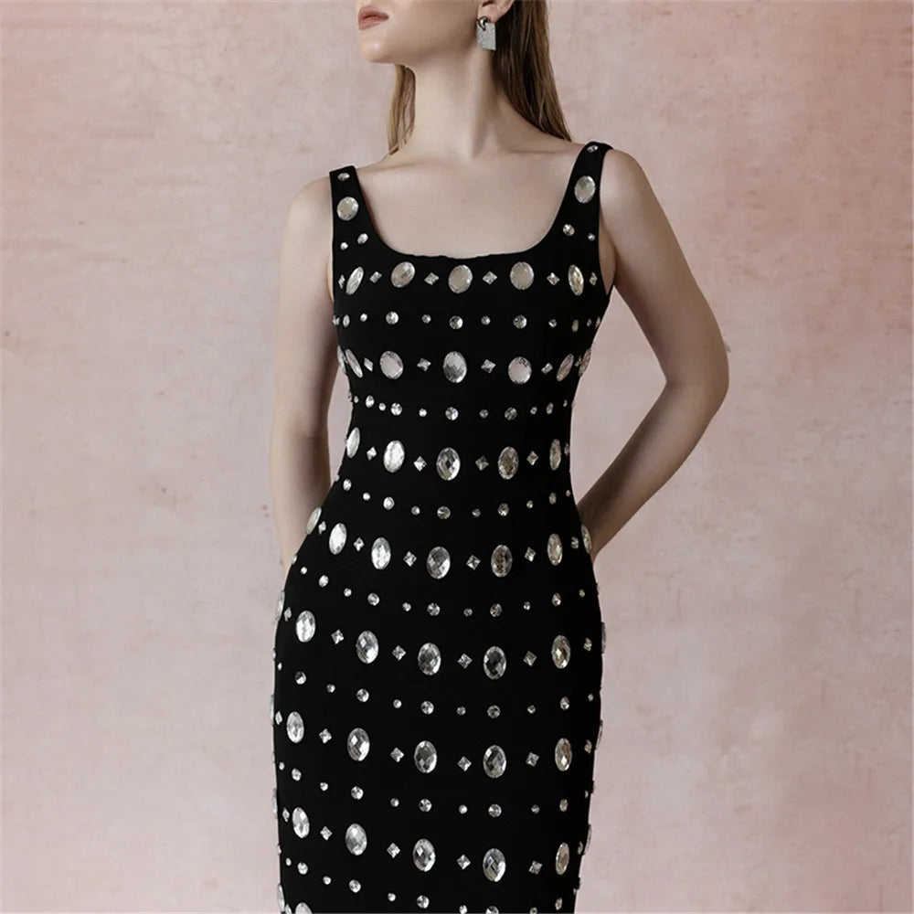 High Quality Big Crystal Women Sleeveless Sexy O-Neck Bodycon Long Bandage Dress Fashion Evening Party Cocktail Dress Vestido