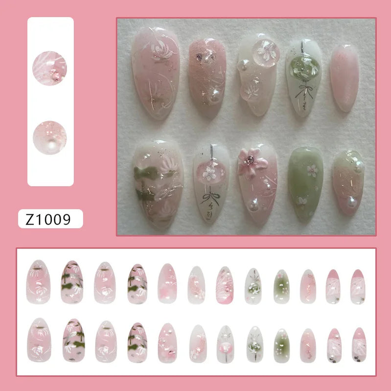 24 peças de pontas de unhas postiças de amêndoa doce, pintadas à mão, com padrão de flores e pérolas, blush rosa, unhas postiças estilo suave
