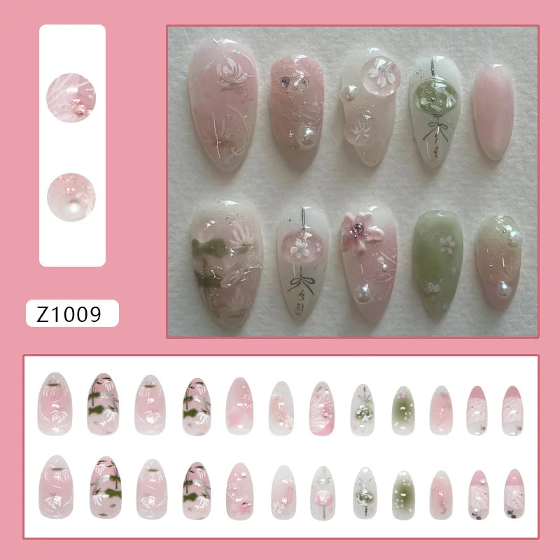 24 peças de pontas de unhas postiças de amêndoa doce, pintadas à mão, com padrão de flores e pérolas, blush rosa, unhas postiças estilo suave