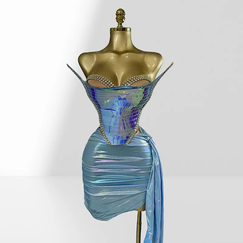 Fashionable Mirror Luxurious Rhinestone Lace -up Top And Mini Skirt Set 2 Pieces Woman Birthday Vestido Music Festival Outfit