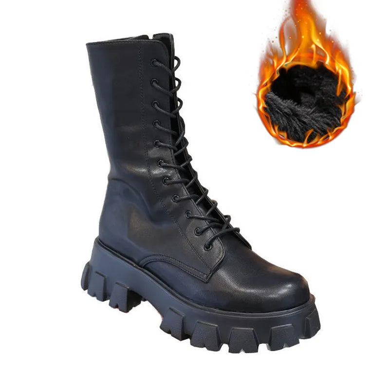 Mid Calf Boots Women Autumn Winter Fashion Lace-up Ladies Chelsea Zipper Botas Mujer Boots Sports Platform Heel Ladies Shoes Black with fur