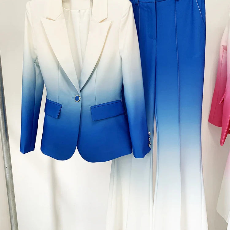 HIGH STREET Newest Fashion Designer Suit Set Women's Gradient Color Printed Single Button Blazer Flare Pants Suit 2pcs Blue