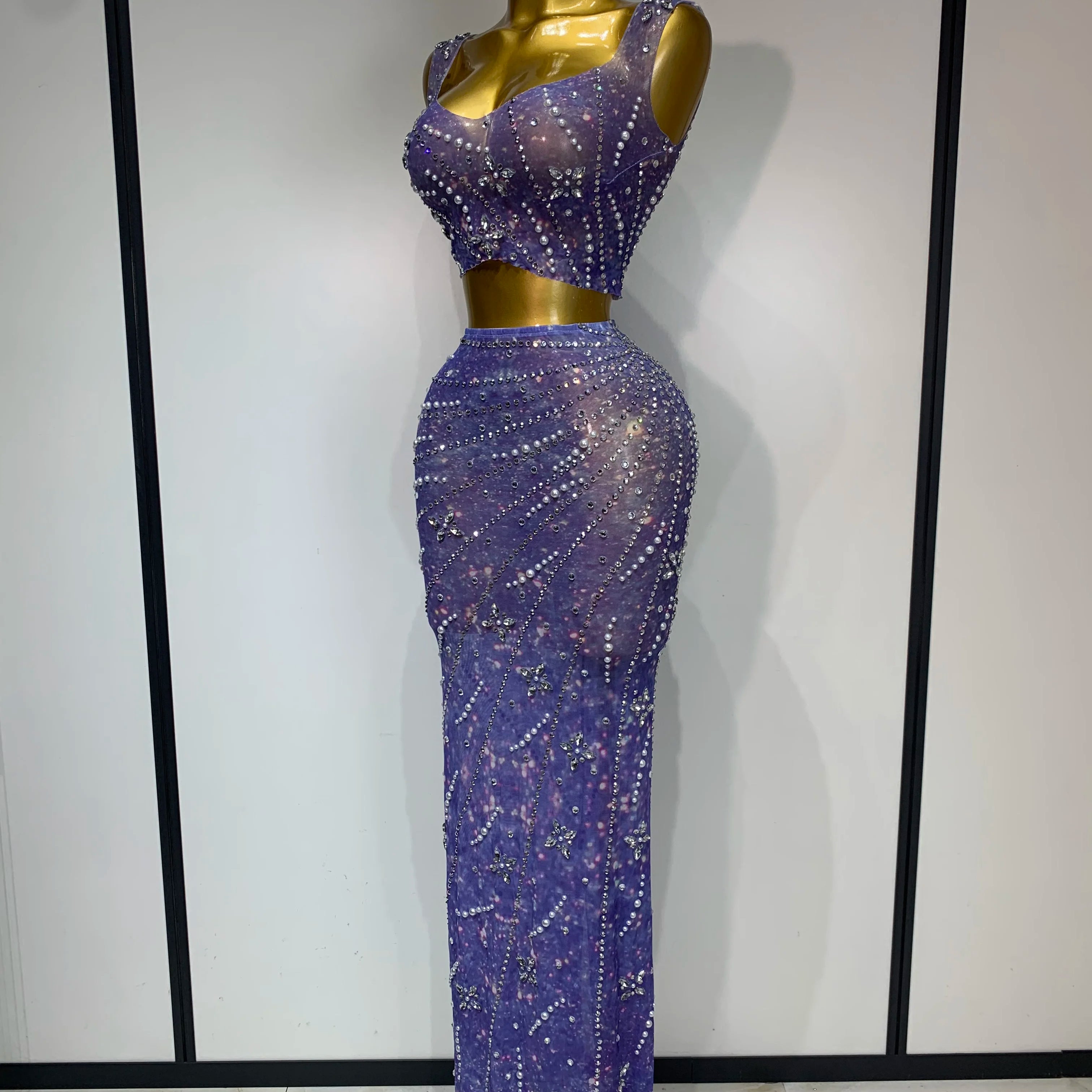 Sparkly Rhinestones Top Long Skirt Two Pieces Set Women Celebirty Luxury Birthday Dress Nightclub Stage Performance Costume