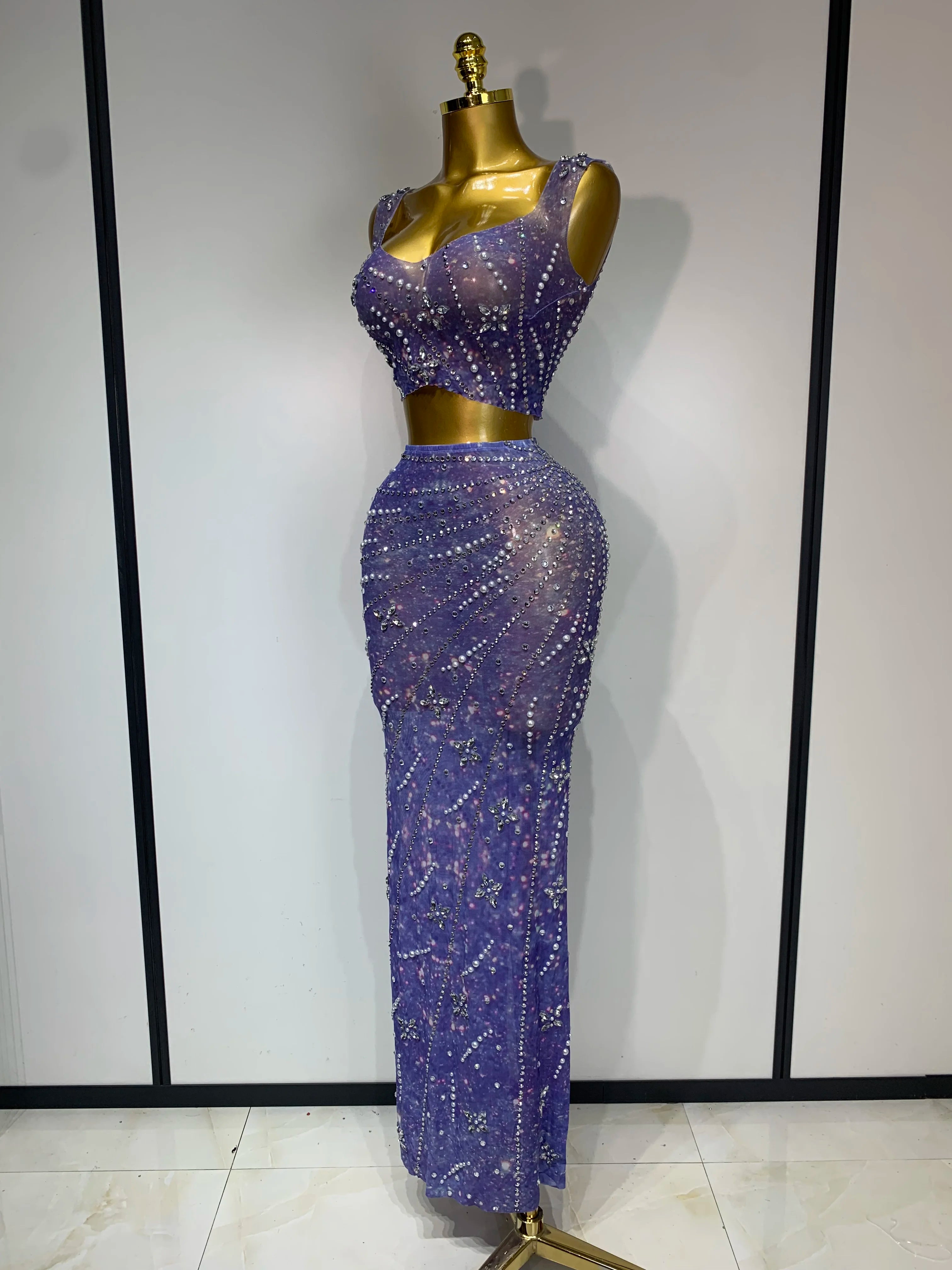 Sparkly Rhinestones Top Long Skirt Two Pieces Set Women Celebirty Luxury Birthday Dress Nightclub Stage Performance Costume