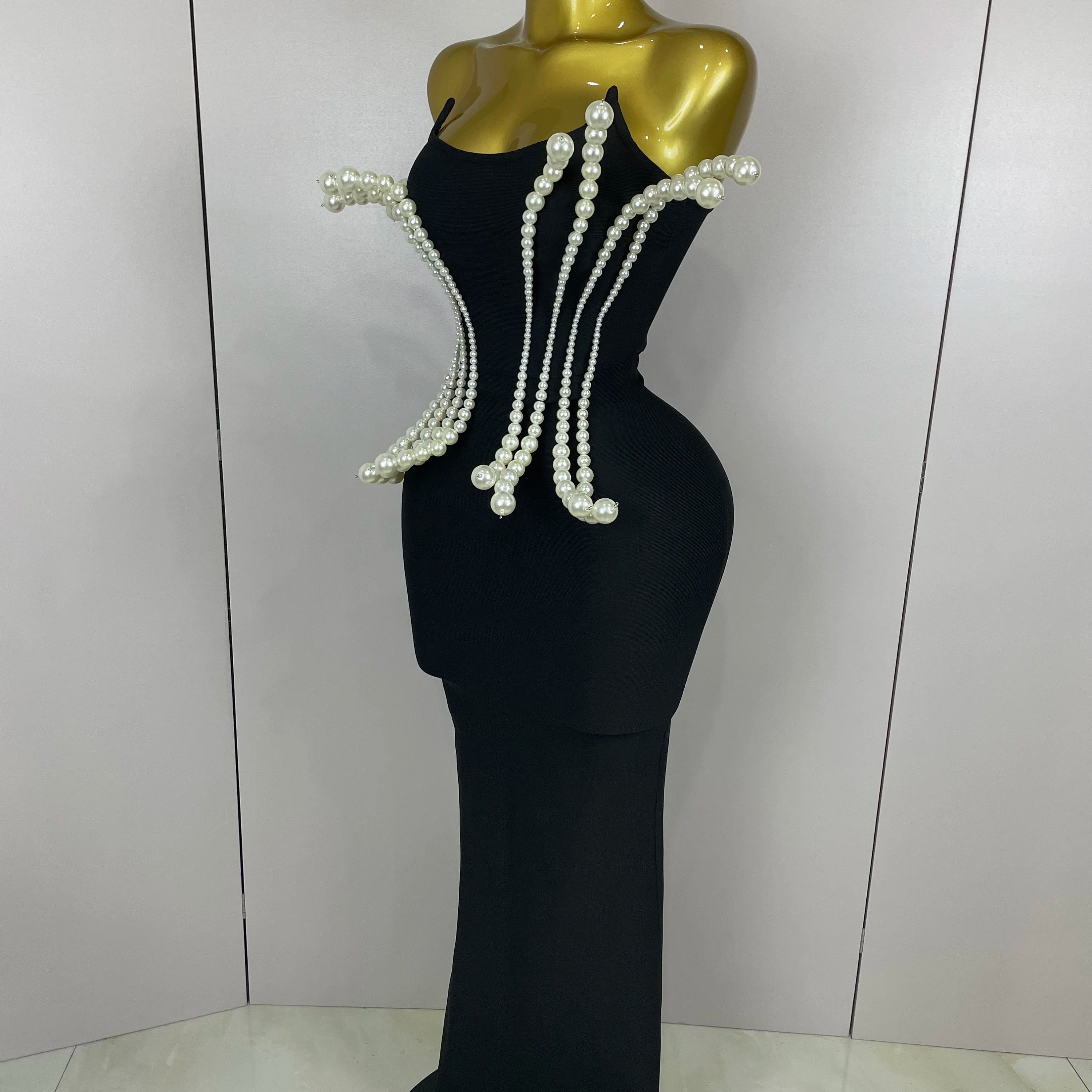 2025 New Sexy Strapless Pearl Beading Bodycon Long Bandage Dress  Women Fashion Elegant Evening Party Luxury Birthday Dresses