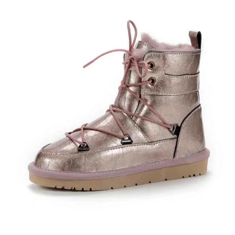 Natural Fur Inside Genuine Cowhide Leather Snow Boots Shoes Women Waterproof Boots Warm Winter Boots Women Shoes pink as pic