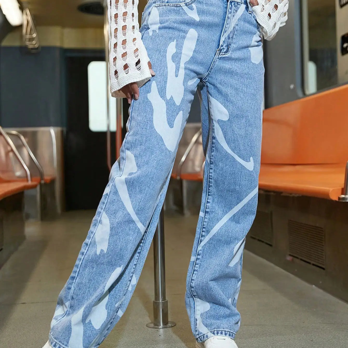 Women Fashion Street High Waist Slant Pocket Graphic Print Straight Leg Jeans Female Casual Denim Trouser