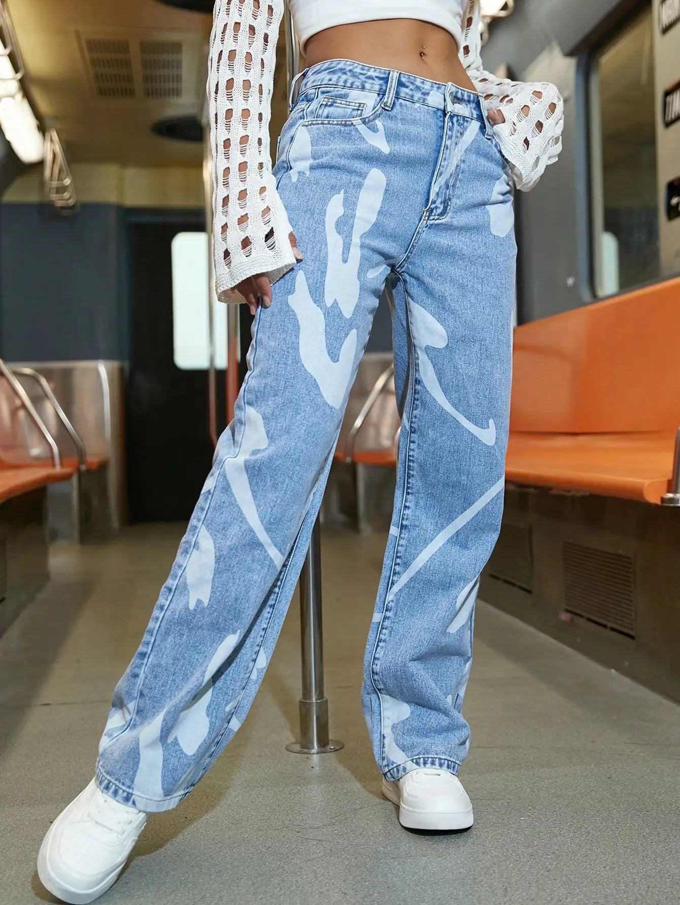 Women Fashion Street High Waist Slant Pocket Graphic Print Straight Leg Jeans Female Casual Denim Trouser