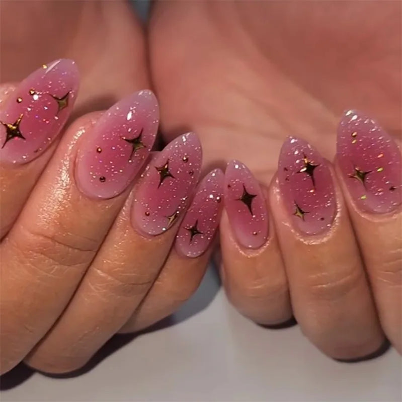 Medium fake nails for women gilrs gradient blue pink starry sky star moon Y2K design Almond nail tips press on false nail set