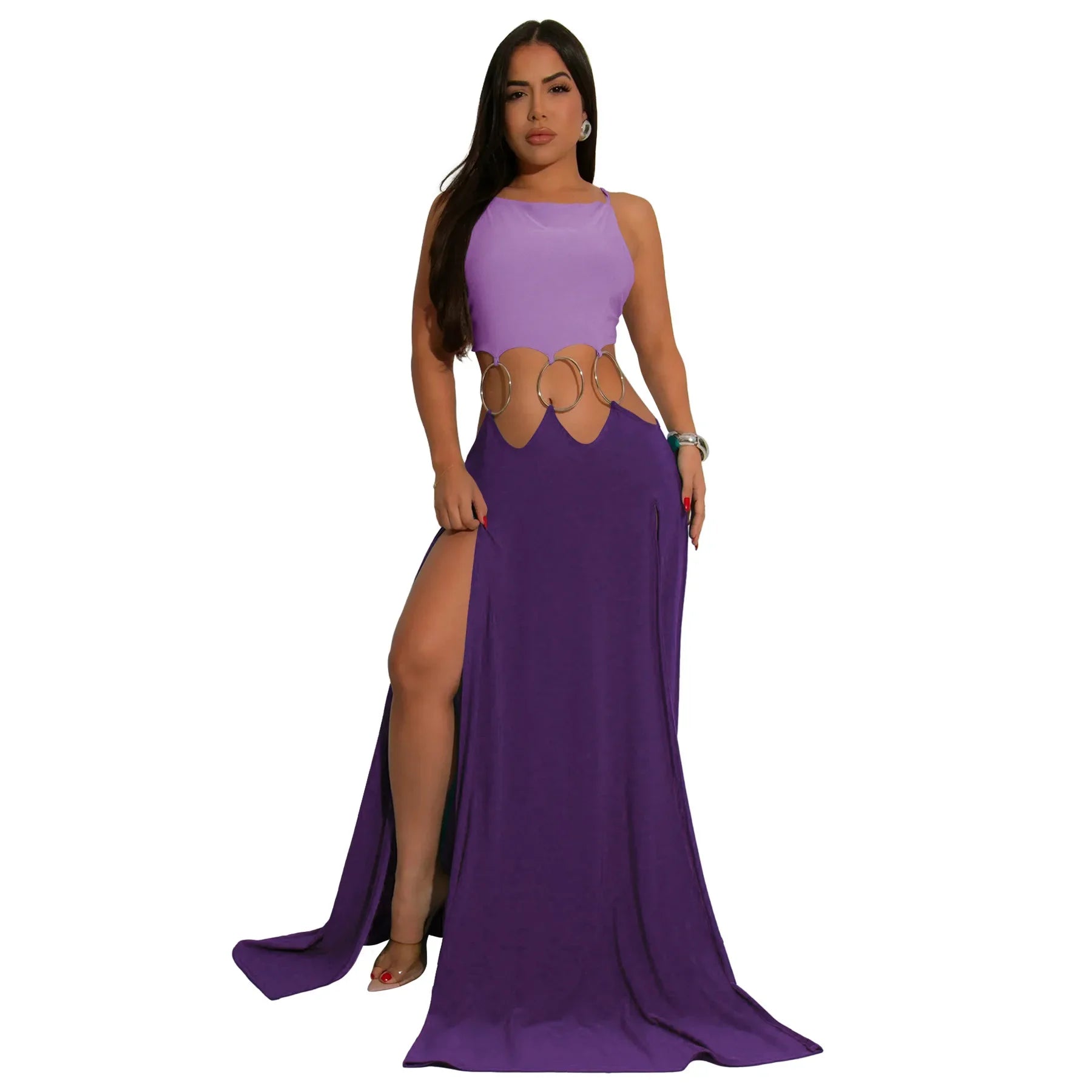 CM.YAYA Women Strap Backless Big Swing Split Maxi Long Dress 2025 Hollow Out Birthday Sexy Club Party Evening Dresses Vestidos Purple
