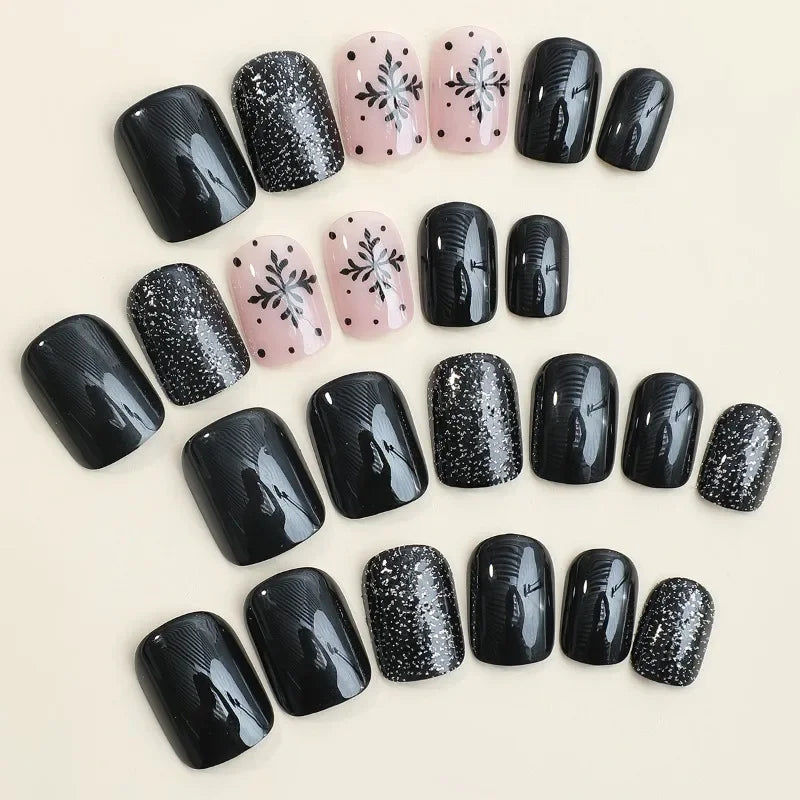 24Pcs Christmas Fake Nails Sweet & Cool Black & White Snowflake Minimalist Press-On Nails Perfect for Gift To Girls and Friends