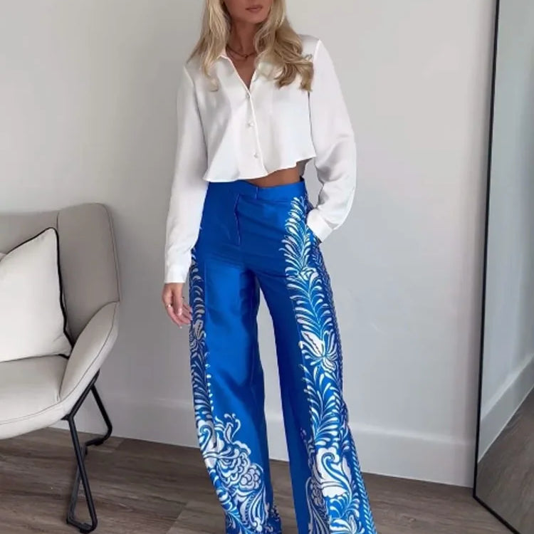 TRAFZA Women Pants Set Print Turn-Down Collar Long Sleeves Single Breasted Casual Shirts+High Waist Pocket Zipper Wide Leg Pant